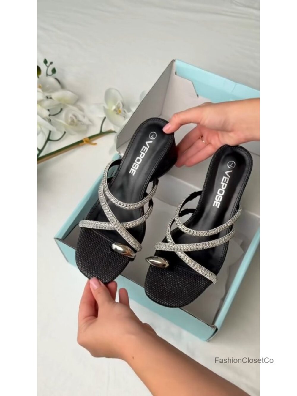 Sparkly Rhinestone Strappy Block Heel Sandals Square Toe Slip On Comfortable 3 - Picture 6 of 6